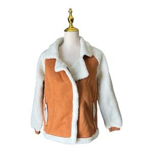 Stylish Women Faux Shearling Jacket White and Brown Sherpa Lined Warm Cabin Core